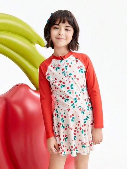Annil Sweet Cherry Print Color Block Dress For Girls, One-Piece Swimsuit Set, New Summer Style