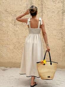 Vestido Maxi de Lino Bohemio 2026, Sin Mangas con Cuello en V y Silueta A, con Adornos Ondulados Negros, Versátil para Vacaciones, Fiestas y Uso Diario - Albaricoque - Ver 5