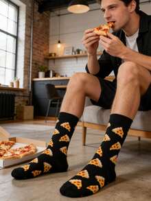 1双男士新款披萨印花中筒袜，秋季 - 彩色 - 查看 2