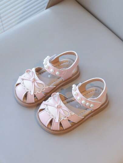 New Baby Girls Sandals With Pearl & Bow Decor, Hollow Out Design, Soft Non-Slip Sole, Lightweight & Comfortable Beach Shoes For Summer