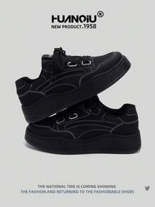 HUANQIU 2026新款男鞋，男士运动鞋，黑色鞋，滑板鞋，时尚，多功能，轻便，舒适，系带，软底，休闲鞋，跑步鞋，黑色四季鞋 - 黑色 - 查看 2