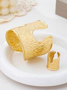 2pcs Fashionable Gold-Plated Geometric Textured Design Adjustable Bracelet And Ring Jewelry Set, Exaggerated Metallic Feel, Elegant Style - Yellow Gold - View 5