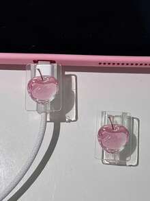 2/1pc Pink Transparent Apple Pattern Acrylic Flat Data Cable Protector. Damage-Resistant, Stylish And Durable. The Resin Material Cable Protector Can Protect Your Cable From Breaking And Falling Off. Suitable For Protecting Your Phone, Data Cable, Charger Head, Connector And Charger. Transparent. - Multicolor - View 5