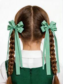 2pcs Back To School Plaid Bow Ribbon Hair Clips, Suitable For Daily Use - Dark Green - View 2