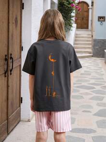 1pc Tween Girl Printed Short Sleeve T-Shirt, Student Youth Clothing, Summer Gift For Kids - Dark Grey - View 2