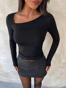 Elegante blusa de manga larga con un solo hombro, plisada en la cintura, con diseño hueco, adecuada para fiestas y reuniones, nueva llegada de primavera/verano, blusa de verano, ropa casual de verano - Negro - Ver 1