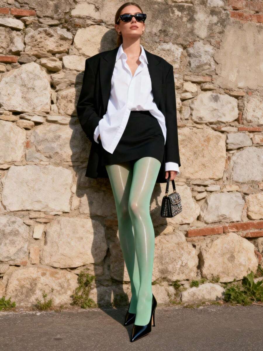 1 Stück 60D transparente Damen Große Größen Minzgrüne glänzende Skinny Strumpfhose, hochelastische einfarbige Strumpfhose für Clubwear, individuell anpassbare Strümpfe, geeignet für Halloween, Weihnachten, Frühling/Sommer - Minzgrün - Übersicht 1