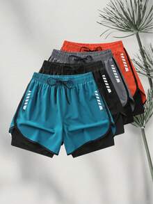 Pantalones cortos deportivos de verano para mujer - Pantalones informales de 2 en 1 para exteriores, carreras, fitness, ligeros y transpirables con cordón en la cintura y shorts elásticos estampados - Azul - Ver 4