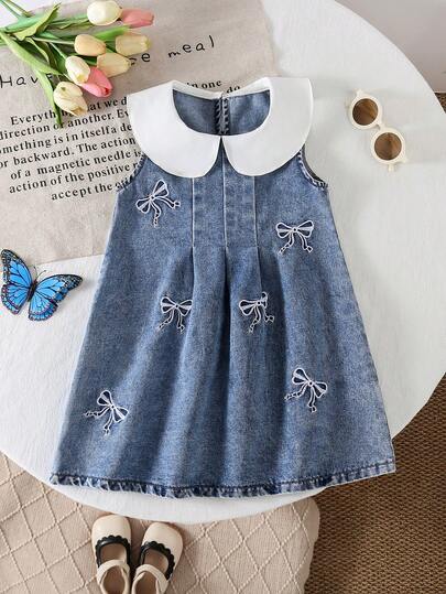 1pc Girls Outdoor Casual Minimalist Fashion New Doll Collar Cute Bow Embroidery Princess Style Breathable Comfortable Sleeveless Denim Sundress
