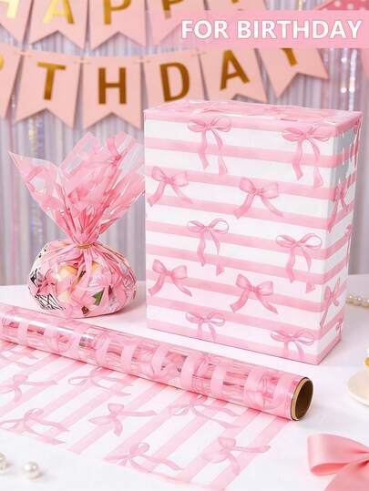 1pc Pink Bow Transparent Wrapping Paper, Pink Striped Gift Bags, Birthday Party Gift Wrapping Paper, Wedding Gift Wrapping Supplies, Bridal Shower Decoration Gift Wrapping Bags, Birthday Decorations, DIY Bouquets Wrapping Paper, Babe Shower Decoration Gift Baskets, DIY Crafts, Pink Bow Decorations, Birthday Gifts, Bow Party Bags, G Irlfriend Favors, Party Favors