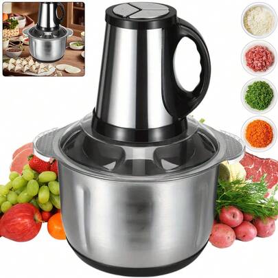 1pc Kitchen Chopper With Stainless Steel Bowl, Multi-Chopper With 2 Speed Rating, Meat Grinder With 4 Blades For Meat, Onions, Fruits, Vegetables