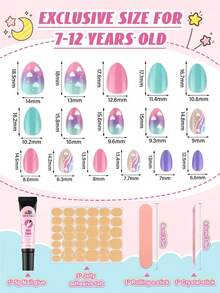 32 piezas de uñas postizas para niños EBANKU, set de uñas falsas de tamaño completo en forma de almendra, uñas postizas cortas completas, adecuadas para mujeres en manualidades de uñas - Multicolor - Ver 2
