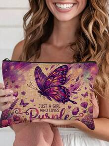1pc "Just A Girl Who Loves Purple" Butterfly Print Cosmetic Bag, Modern Style Polyester Lightweight Travel Organizer - Multicolor - View 6