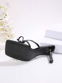 Giày sandal cao gót mũi nhọn tối giản Niche, thiết kế nơ vuông, thanh lịch, đa năng, thoải mái, hở mũi. - màu đen - Xem 6