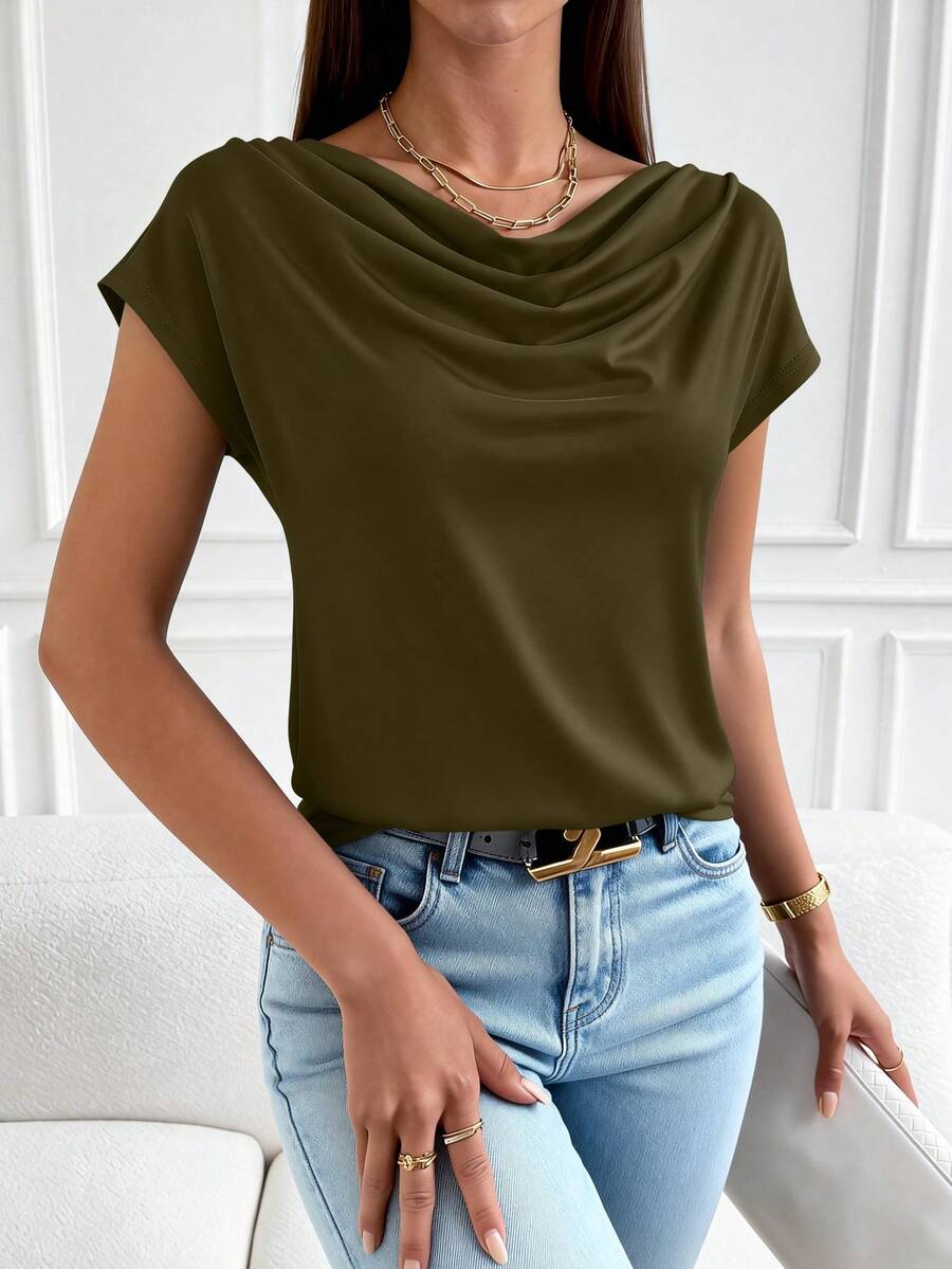 PRETTYGARDEN Women's Summer Clothes Tops Dressy Casual Clothing Cowl Neck Short Sleeve Blouses Business Work Office Shirts Tops For Women - 軍綠色 - 查看 1