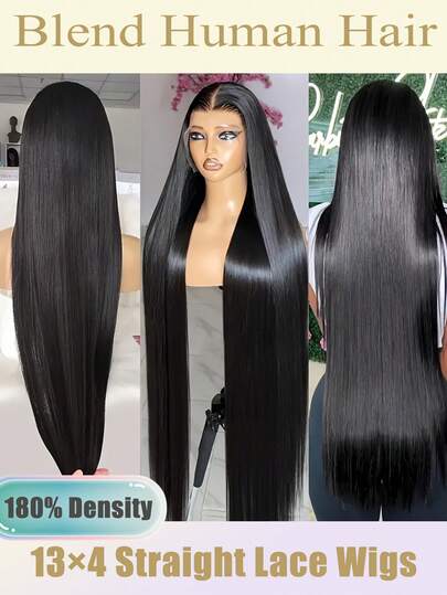 奢华180%密度直发混纺真人发假发，专为女性设计 - 13*4透明蕾丝前假发，预先拔毛，自然色。这款精致的长直发假发采用混纺真人发制成，密度高达180%，预先拔毛并带有婴儿绒毛，打造自然外观。自然黑色，优雅时尚，是女性的理想之选。| 光滑外观，适合休闲装扮和特殊场合，打造时尚发型。长度6-36英寸（波波头假发6-16英寸）。