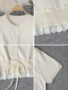 Grey Knit Cardigan Short Sleeve Women Slim Fit Collegiate Style Summer Round Neck Lace Patchwork Thin Top With Drawstring Hem - Apricot - View 8