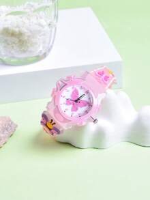 2pcs/Set Gift Cartoon Kids Cute Glowing Butterfly Soft Silicone Strap Pointer Quartz Watch, Creative Pattern For Girl Student - Pink - View 8