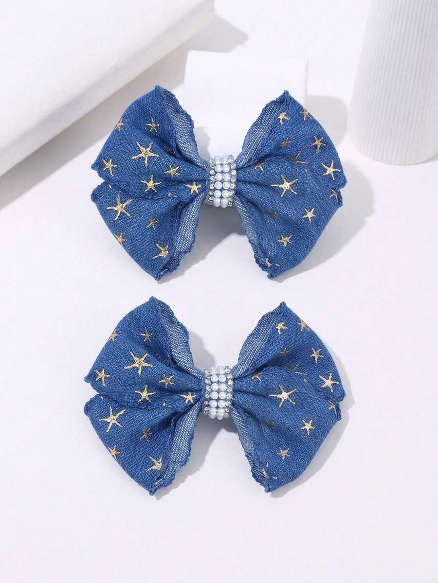 2个牛仔布蝴蝶结发夹,闪亮金色星星牛仔布蝴蝶结发夹,适合女孩全年佩戴,可用于生日派对、音乐节、Y2K蓝色蝴蝶结以及日常上学佩戴。休闲牛仔布发饰,时尚可爱,是理想的发饰。 - 彩色 - 查看 1