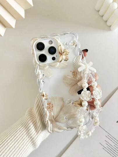 Flower Floral Painted Braided Wave Edge Minimalist Elegant TPU Painted Shockproof Phone Case With Handmade Beaded Bracelet Accessory, Compatible With IPhone 17pro/17Air /17/17promax 16/11/16pro/16plus/16promax/16e/15Promax/13/14/12/XS/XR/7G/8PXR /7/8, 15Promax, 13, 14, 11, P12, X, 12/14
