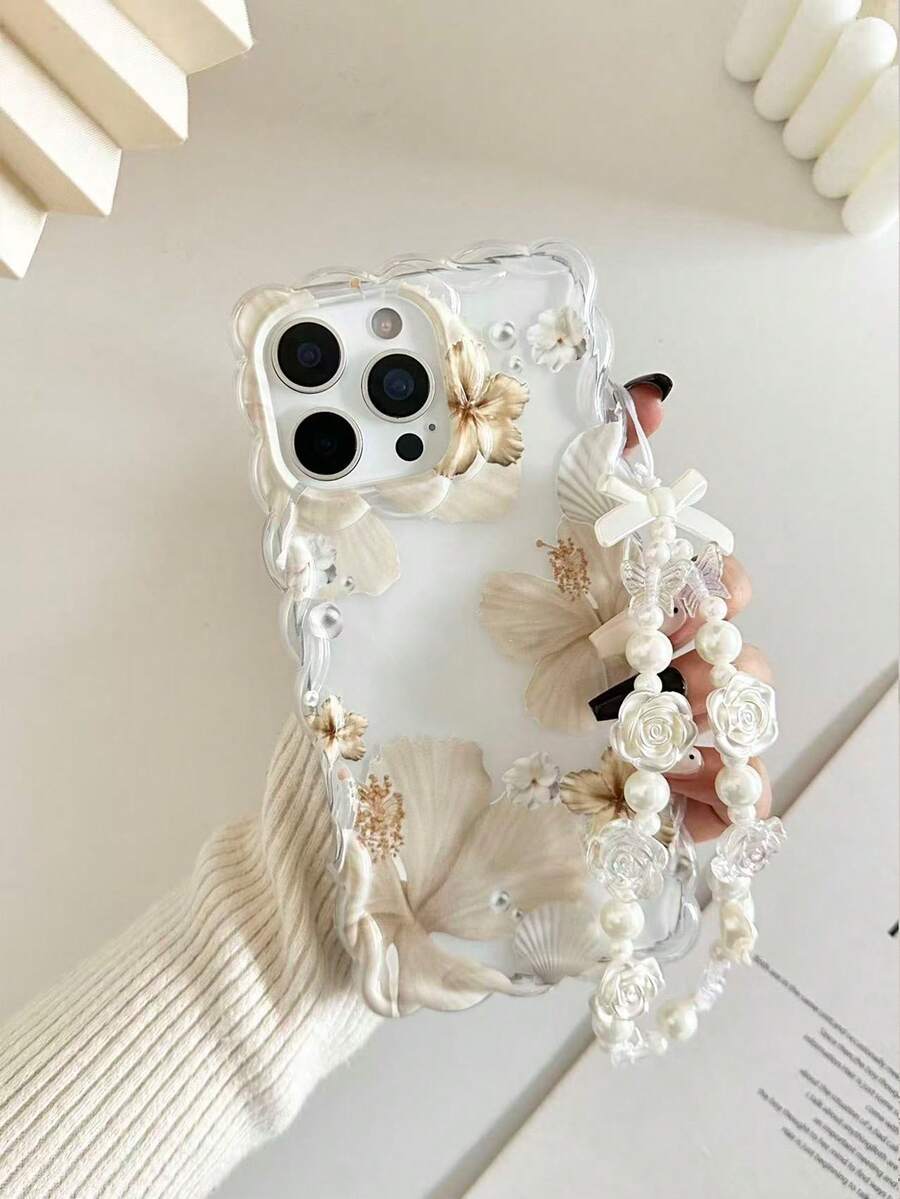 花卉彩绘编织波浪边简约优雅TPU彩绘防震手机壳,搭配手工串珠手链配件,兼容 17 Pro/17 Air/17/17 Pro Max、16/11/16 Pro/16 Plus/16 Pro Max/16 e/15 Pro Max/13/14/12/XS/XR/7G/8 Plus/XR/7/8、15 Pro Max、13、14、11、P12、X、12/14 - 彩色 - 查看 1