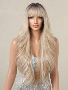 Ombre Flax Gold Long Straight Synthetic Wigs For Women Natural Wave Platinum Blonde Highlight Wigs With Bangs Heat Resistant Cosplay Hair - Multicolor - View 4