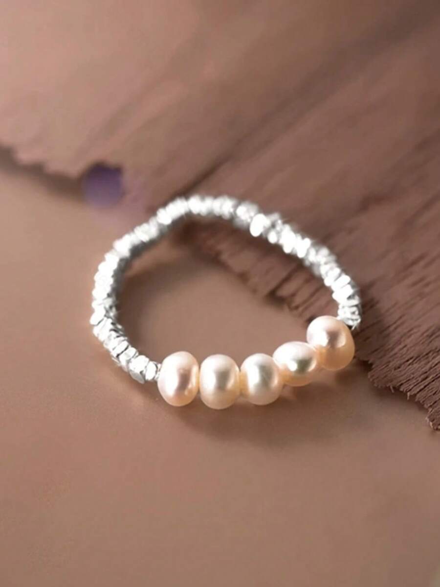 1 Stück S925 Sterling Silber Allergiearmer verstellbarer Ring, Design mit Zuchtperle & zerkleinerten Silberperlen, minimalistisch elegant einzigartiger Stil, geeignet für den täglichen Gebrauch, Urlaub, Valentinstag, Geburtstag, Muttertags Geschenk für Frauen - Silber + Süßwasserperlen - Übersicht 1