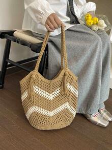 Túi xách cỡ lớn dệt rỗng thời trang dành cho nữ, túi đeo vai bằng rơm kiểu dáng mới cho kỳ nghỉ biển mùa xuân/hè. - Màu Khaki - Xem 5