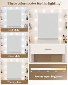 Devoko Large Dressing Table With Adjustable LED Lights + Mirror, 7 Drawers + 4 Open Shelves, Hair Dryer Holder & Multi-Port Charging, White - White - View 5