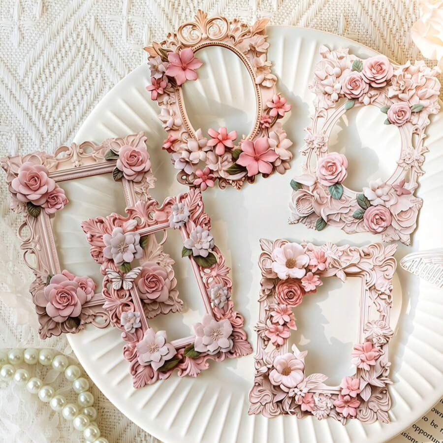 10pcs Hollow Embossed European Style Flower Photo Frame Materials, Vintage Decorative Paper For DIY Crafts, Scrapbooking, Journals - Hollowed-out Embossed Retro Frame Collage Card - View 1