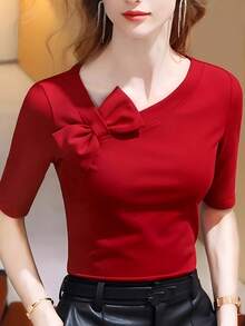 2025 Neue Slim Fit Kurzarm Rotes Top, elegantes Halbarm asymmetrisches Schulter Top für Frauen, Sommer Casual - Rot - Übersicht 3