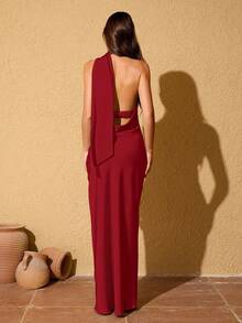 LOVE&LEMONADE Wine Red Satin Fitted Sleeveless Wrap Maxi Dress With Sash For Women Wedding Spring - Burgundy - View 6