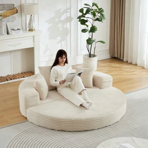 A Versatile Two-In-One Sofa Bed, Ideal For Compact Living Spaces, That Can Be Used As Both A Semi-Circular Sofa And A Round Daybed. The Armrests Feature Fabric Pockets. - White - View 1