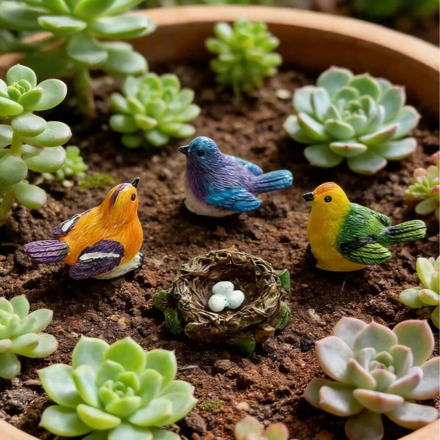 Set de 4 piezas de estatuas de pájaros de resina de colores, con 3 pájaros multicolores y 1 nido, adecuado para macetas de suculentas, jardines de rocas y decoración de mesa, excelente para decoración del hogar o del jardín - A - Ver 1