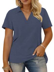VISLIY Plus Size Summer Tops For Women Collared V Neck Polo Shirts Flowy Tunics Casual Short Sleeve Blouses For Vocation 1X-5X - Màu xanh hải quân - Xem 1