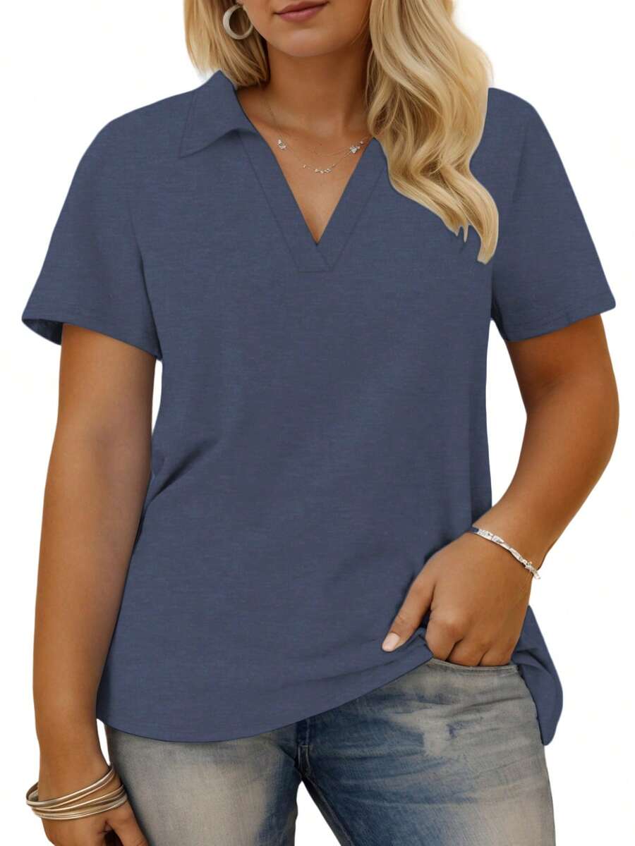 VISLIY Plus Size Summer Tops For Women Collared V Neck Polo Shirts Flowy Tunics Casual Short Sleeve Blouses For Vocation 1X-5X - Màu xanh hải quân - Xem 1