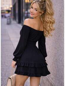 VESTIDO CORTO MANGA LARGA CON RESORTE ESTILO CAMPIRANO DOBLE OLAN TELA CEY. MOD. ELSIE - Negro - Ver 6