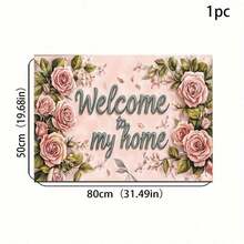 1pc Rose Flower "Welcome Home" Letter Print Carpet, Polyester Anti-Slip Dirt-Resistant Soft Mat, Indoor/Outdoor Entryway Doormat, Quick-Dry Kitchen Bathroom Floor Rug - Pink - View 7