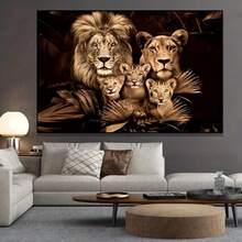 1pc Luxury Unframed Lion Family Canvas Poster, High Definition Brown Lion Family Art Print With Textured Fur Details, Modern Wildlife Style Wall Decor And Poster Suitable For Office, Man Cave - A - View 3