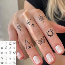 Tatuaje temporal de 15 días a prueba de agua y duradero, patrón pequeño de mariposa y estrella, tatuaje semi-permanente para dedos, tatuaje falso mate para dedos unisex - Negro - Ver 7