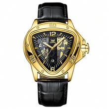 1pc Men's Gold Hollow Automatic Mechanical Watch, Luminous Pointer, Leather Strap, Fashion Business Gift Watch - Gold - View 10