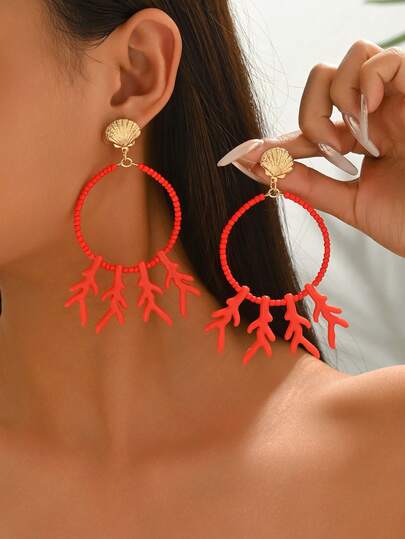 1 Pair Women's Niche Design Ocean Element Earrings, Red Coral Branch Splice Hoop, European And American Resort Style Personalized Earrings