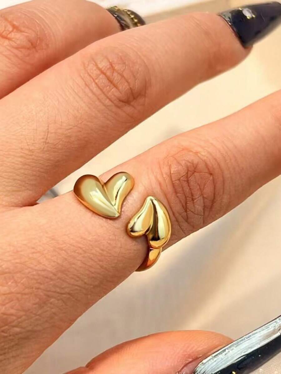 1枚18K镀金不锈钢朋克风几何心形戒指，适合女性日常佩戴、约会，是最酷的礼物 - 彩色 - 查看 1