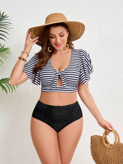  Vetacats Plus Size Women's Striped Ruffle Two Pieces Bikini Set, Vintage Pleated High Waist Swimsuit, Tie-Up Hollow-Out Swimwear, V-Neck Top And Tummy Control Swim Bottoms