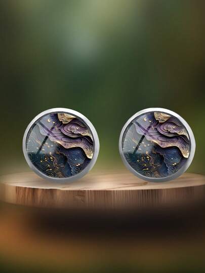 一对圆形多色线条山水图案316不锈钢耳环，复古简约风格，适合女性日常佩戴和送礼，优雅简约风格耳环，适合女性日常和节日佩戴。