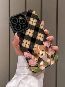 1pc Minimalist Personalized Black & Gold Diamond Grid Pattern Dog Vertical Faux Leather Soft Protective Phone Case, Suitable As Gift For Friends And Lovers, Compatible With IPhone And 17/17AIR/17PRO/17PROMAX - Multicolor - View 3