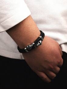 1pc Dark Skull Braided Leather Bracelet, Unisex Casual Wristband - Star - View 2