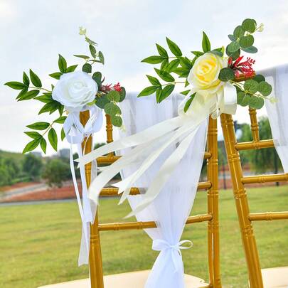 Wedding Aisle Decor - Peony Flowers - Artificial Roses And Eucalyptus - Pink And Cream - Elegant Traditional Modern Style - Chair Flowers