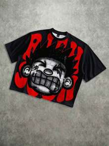 Manfinity Roghcode Men's Oversized Distressed Funny Diamond Teeth Tattoo Big Face Allover Print Cropped Loose T-Shirt (High Quality) - Black 3 - View 3