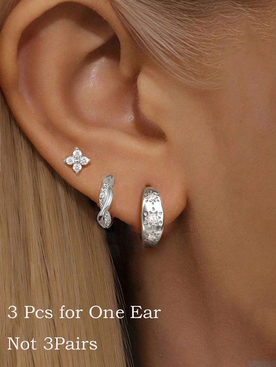 3pcs Mini CZ Flower Hoop Earring Set, Silver Cubic Zirconia Sunflower Cartilage Earrings, Party Gift Earrings For Women & Girls - 3pcs Earring Stack - View 1